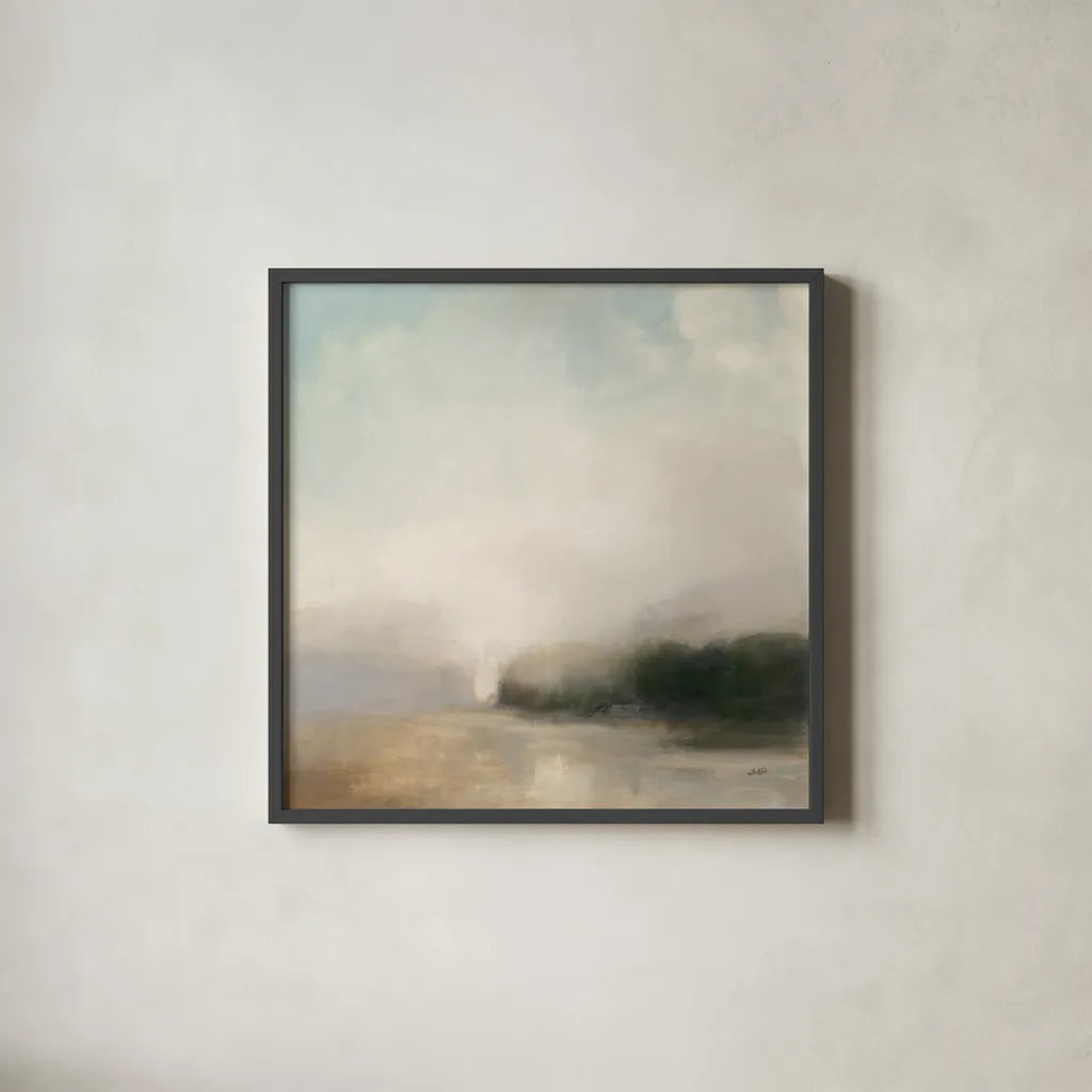 Distant Forest by Julia Purinton. Shown in a sleek black glass frame for a contemporary gallery look. Available as an archival giclee rolled canvas, fine art paper, or poster print. SKU 78364a.