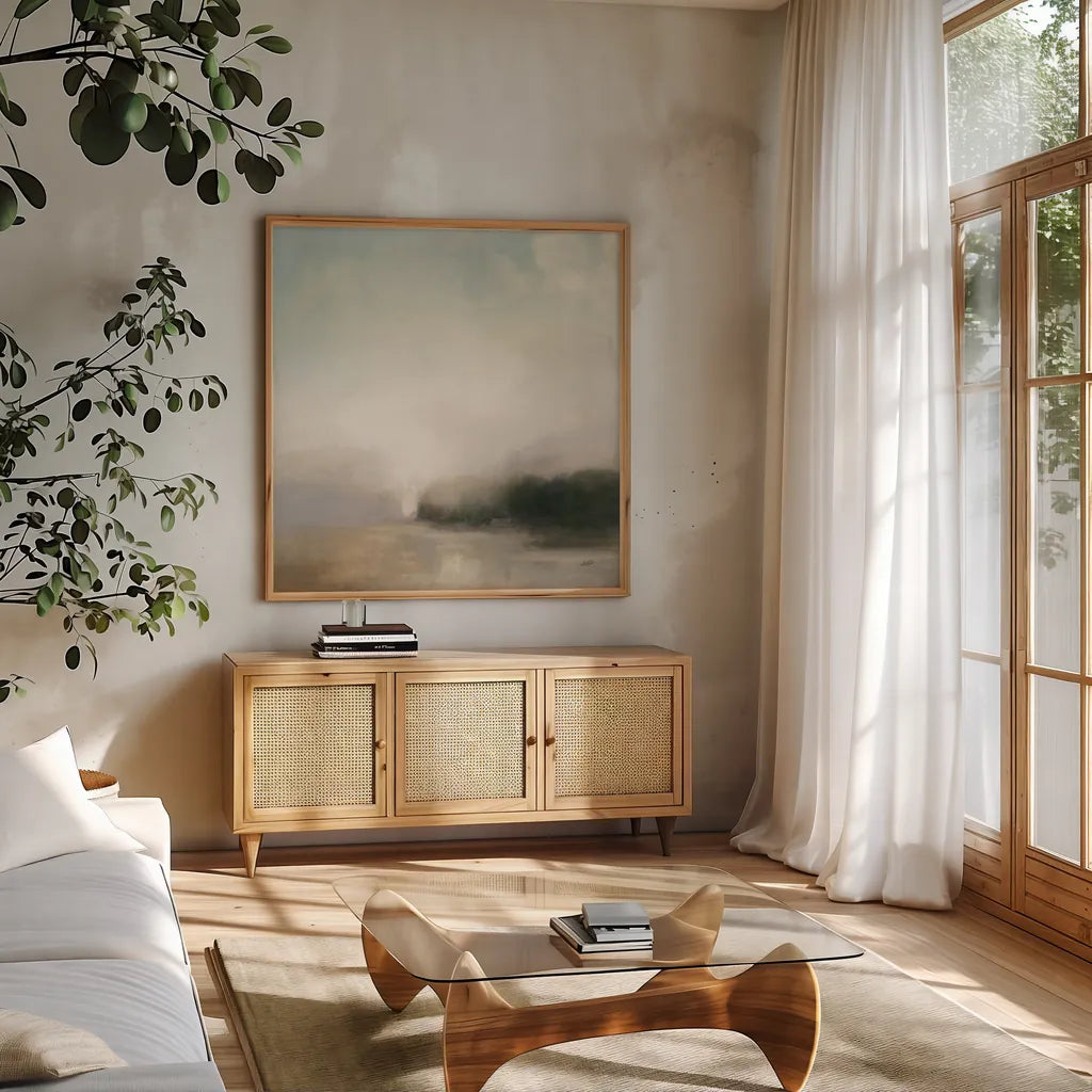 Distant Forest by Julia Purinton. Shown in a natural wood frame in a cozy modern living room. Available as an archival giclee rolled canvas, fine art paper, or poster print. SKU 78364a.