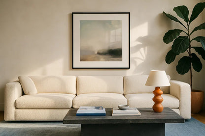 Distant Forest by Julia Purinton. Displayed in a glass frame with matte in a clean modern living room. Available as an archival giclee rolled canvas, fine art paper, or poster print. SKU 78364a.