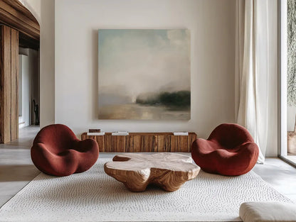 Distant Forest by Julia Purinton. Shown as extra-large giant wall art in a modern living room. Available as an archival giclee rolled canvas, fine art paper, or poster print. SKU 78364a.