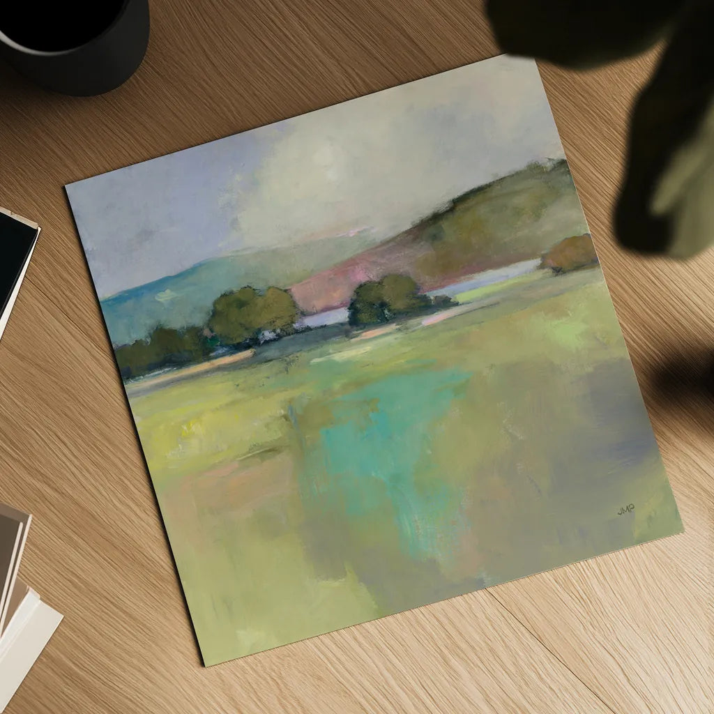 Distant Lake by Julia Purinton. Shown as a detailed flat fine art print, highlighting archival giclee quality. Available as an archival giclee rolled canvas, fine art paper, or poster print. SKU 63329a.