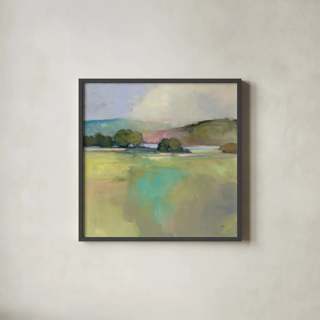 Distant Lake by Julia Purinton. Shown in a sleek black glass frame for a contemporary gallery look. Available as an archival giclee rolled canvas, fine art paper, or poster print. SKU 63329a.