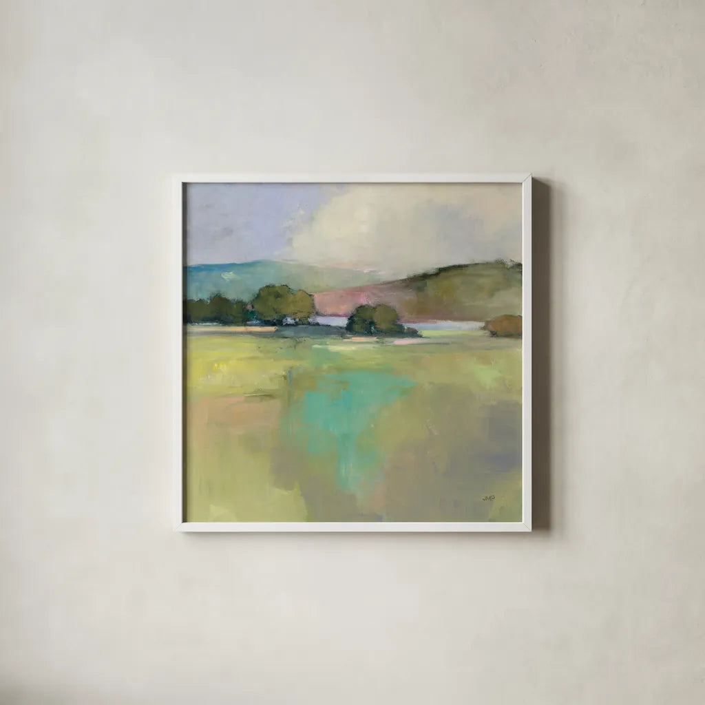 Distant Lake by Julia Purinton. Shown in a crisp white glass frame for a clean and minimalist style. Available as an archival giclee rolled canvas, fine art paper, or poster print. SKU 63329a.