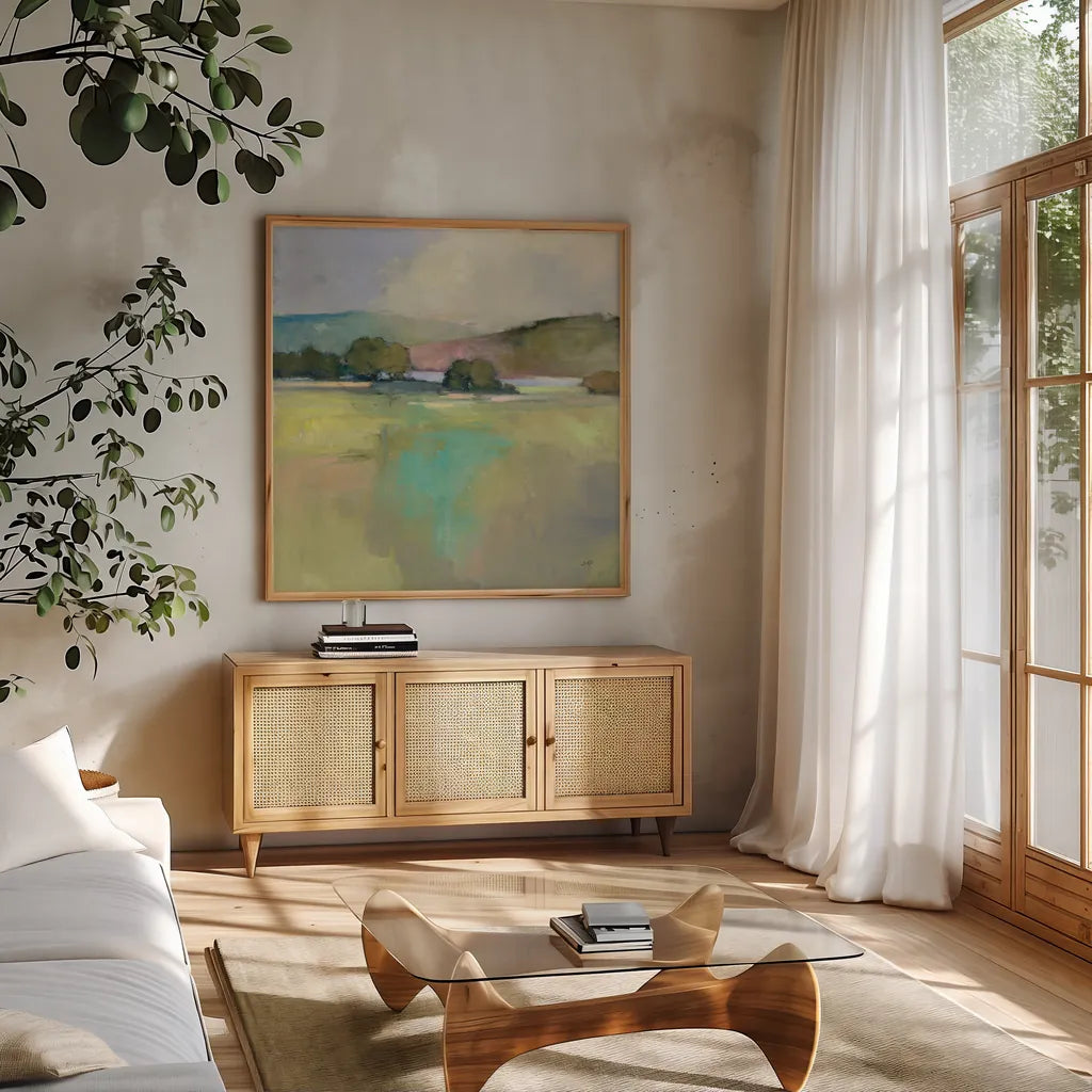 Distant Lake by Julia Purinton. Shown in a natural wood frame in a cozy modern living room. Available as an archival giclee rolled canvas, fine art paper, or poster print. SKU 63329a.