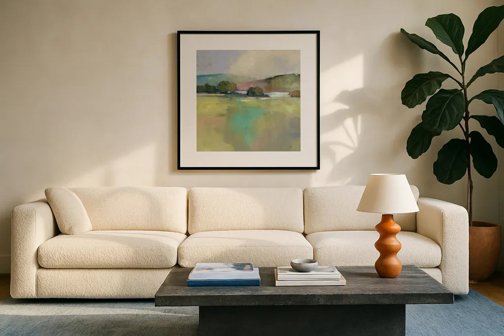 Distant Lake by Julia Purinton. Displayed in a glass frame with matte in a clean modern living room. Available as an archival giclee rolled canvas, fine art paper, or poster print. SKU 63329a.