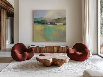 Distant Lake by Julia Purinton. Shown as extra-large giant wall art in a modern living room. Available as an archival giclee rolled canvas, fine art paper, or poster print. SKU 63329a.