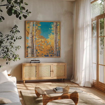 Doubloons Crop by Julia Purinton. Shown in a natural wood frame in a cozy modern living room. Available as an archival giclee rolled canvas, fine art paper, or poster print. SKU 11710a.