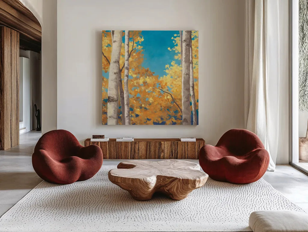 Doubloons Crop by Julia Purinton. Shown as extra-large giant wall art in a modern living room. Available as an archival giclee rolled canvas, fine art paper, or poster print. SKU 11710a.