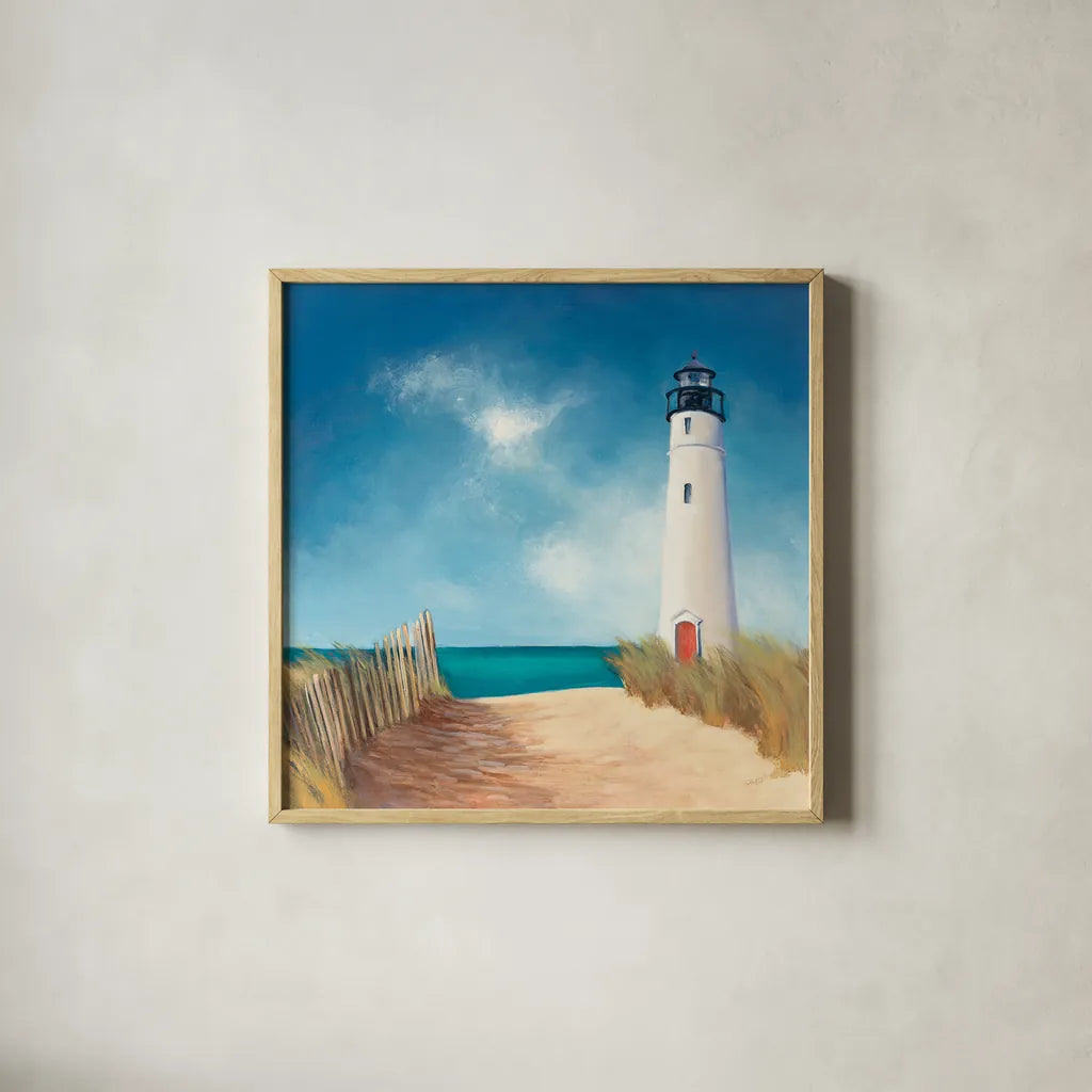 Down the Path by Julia Purinton. Shown in a natural wood glass frame for a timeless modern aesthetic. Available as an archival giclee rolled canvas, fine art paper, or poster print. SKU 11436a.