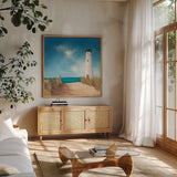 Down the Path by Julia Purinton. Shown in a natural wood frame in a cozy modern living room. Available as an archival giclee rolled canvas, fine art paper, or poster print. SKU 11436a.