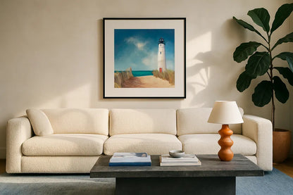 Down the Path by Julia Purinton. Displayed in a glass frame with matte in a clean modern living room. Available as an archival giclee rolled canvas, fine art paper, or poster print. SKU 11436a.