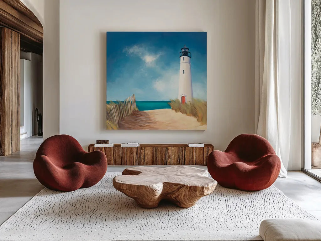 Down the Path by Julia Purinton. Shown as extra-large giant wall art in a modern living room. Available as an archival giclee rolled canvas, fine art paper, or poster print. SKU 11436a.