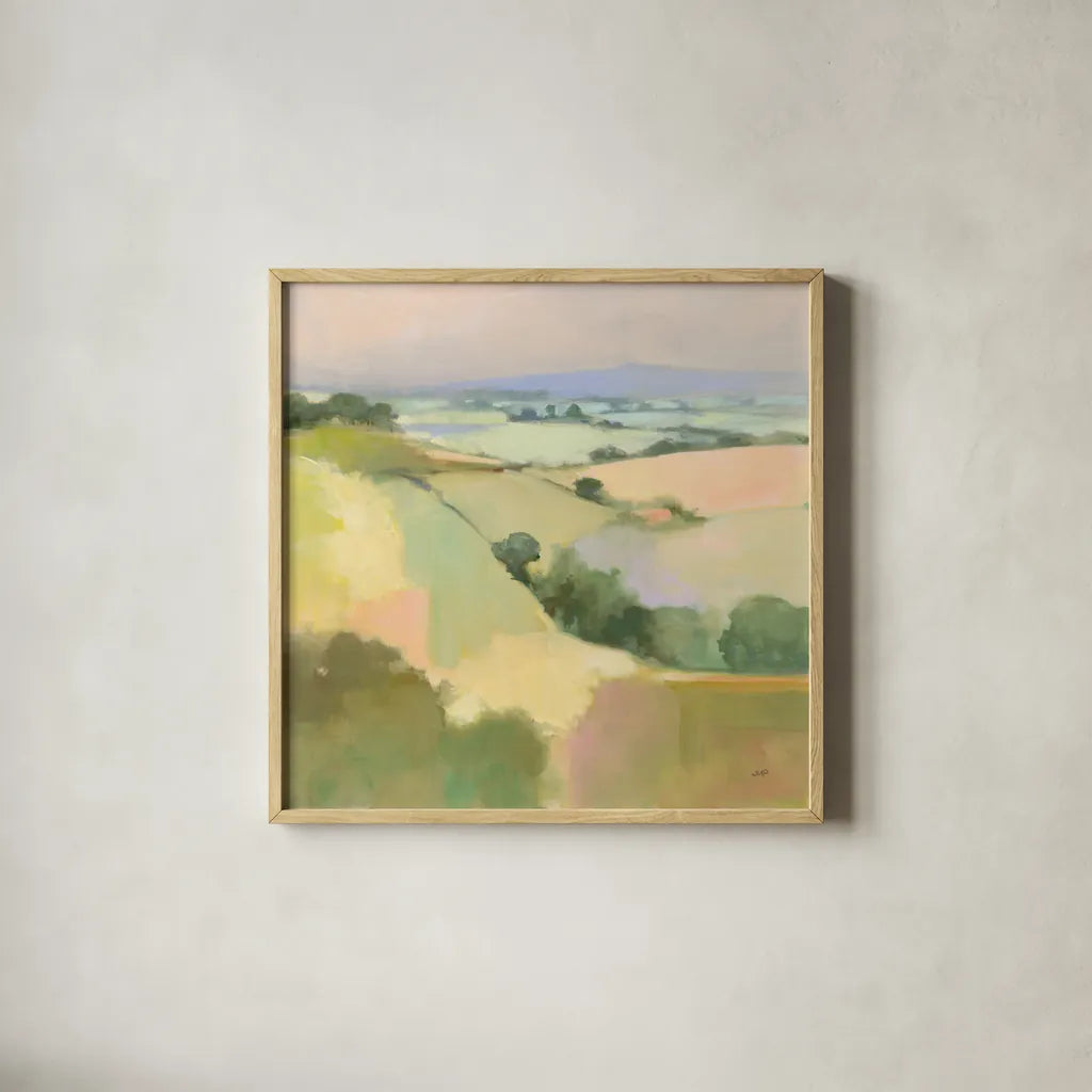 Dream Valley I by Julia Purinton. Shown in a natural wood glass frame for a timeless modern aesthetic. Available as an archival giclee rolled canvas, fine art paper, or poster print. SKU 65155a.