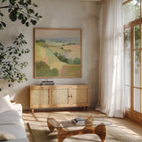 Dream Valley I by Julia Purinton. Shown in a natural wood frame in a cozy modern living room. Available as an archival giclee rolled canvas, fine art paper, or poster print. SKU 65155a.
