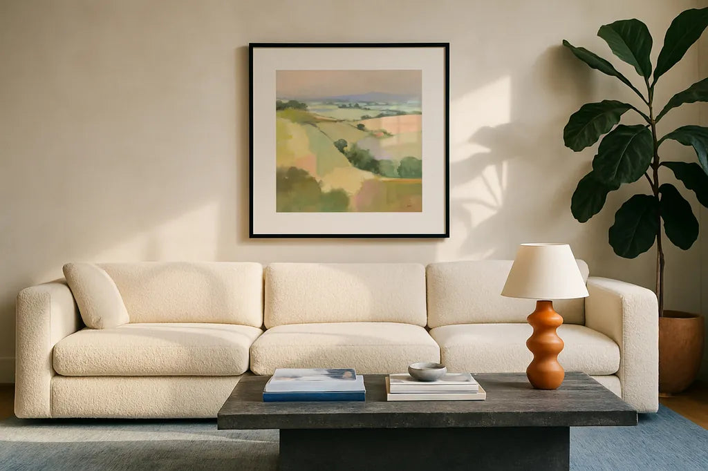 Dream Valley I by Julia Purinton. Displayed in a glass frame with matte in a clean modern living room. Available as an archival giclee rolled canvas, fine art paper, or poster print. SKU 65155a.