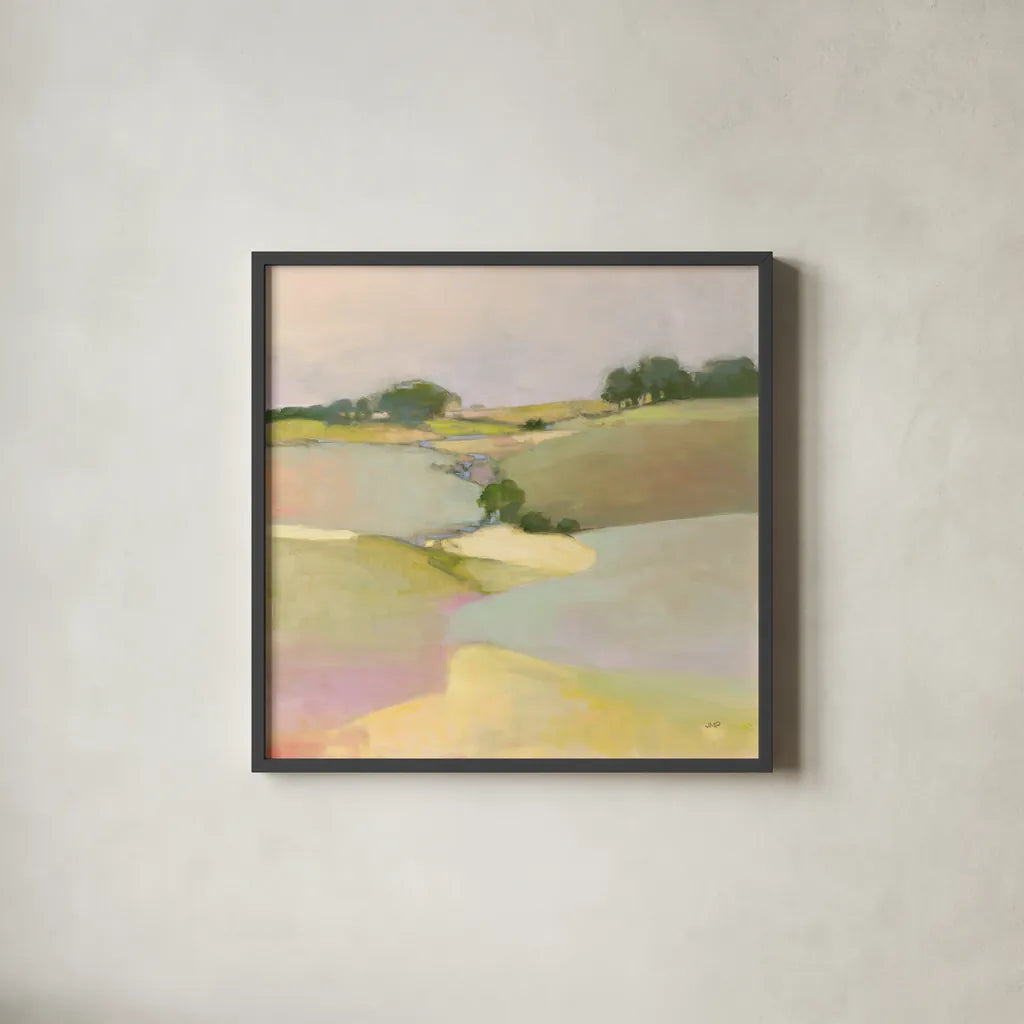 Dream Valley II by Julia Purinton. Shown in a sleek black glass frame for a contemporary gallery look. Available as an archival giclee rolled canvas, fine art paper, or poster print. SKU 65156a.