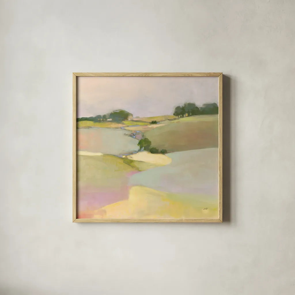 Dream Valley II by Julia Purinton. Shown in a natural wood glass frame for a timeless modern aesthetic. Available as an archival giclee rolled canvas, fine art paper, or poster print. SKU 65156a.