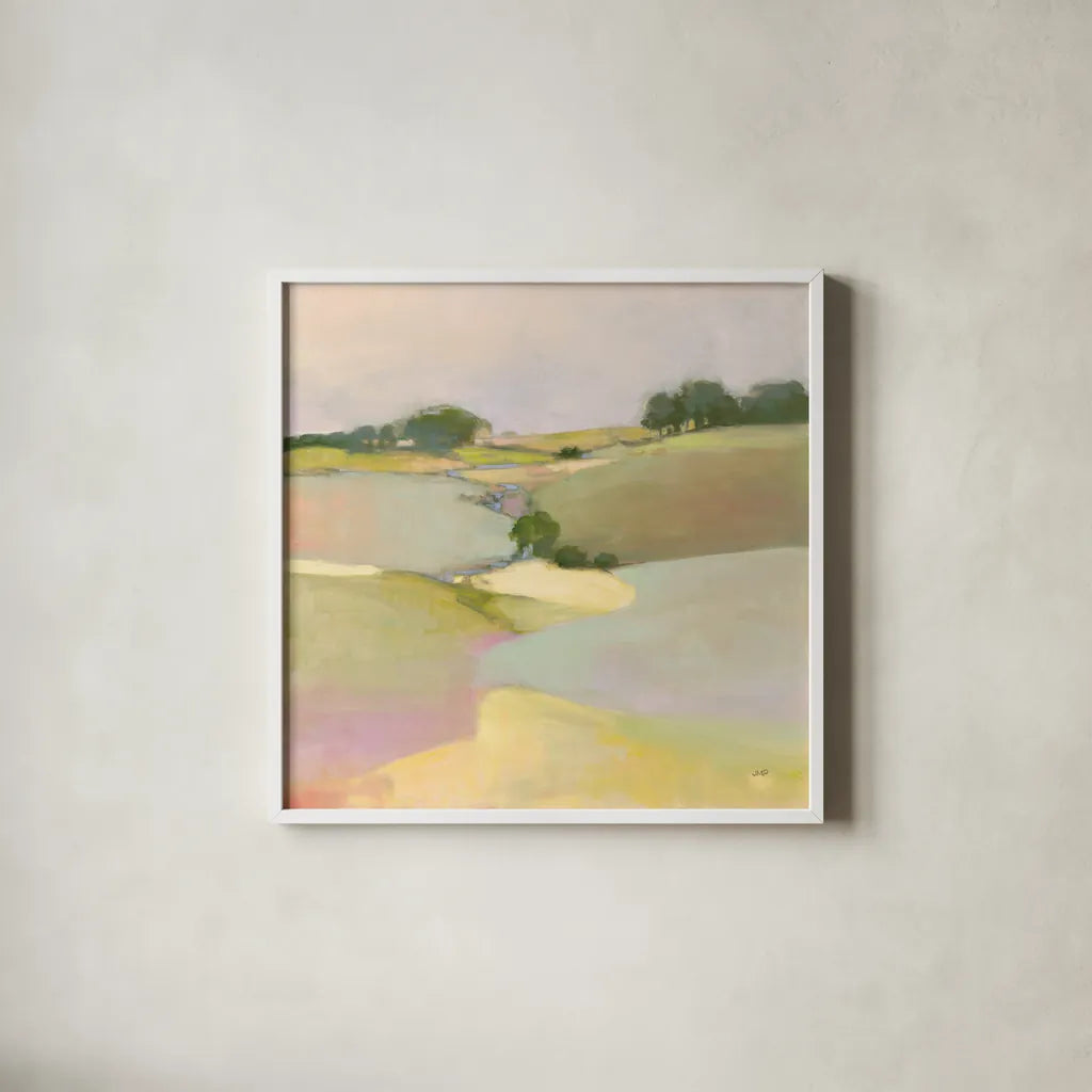 Dream Valley II by Julia Purinton. Shown in a crisp white glass frame for a clean and minimalist style. Available as an archival giclee rolled canvas, fine art paper, or poster print. SKU 65156a.