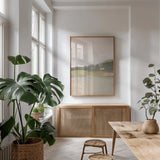Dream Valley II Neutral Crop I by Julia Purinton. shown as a print in a natural wood frame in a dining room. Available as a archival giclee rolled canvas, fine art paper, or poster print. SKU 73017h.