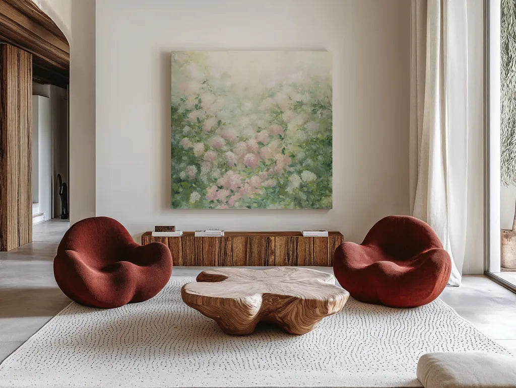 Dreamy by Julia Purinton. Shown as extra-large giant wall art in a modern living room. Available as an archival giclee rolled canvas, fine art paper, or poster print. SKU 39364a.