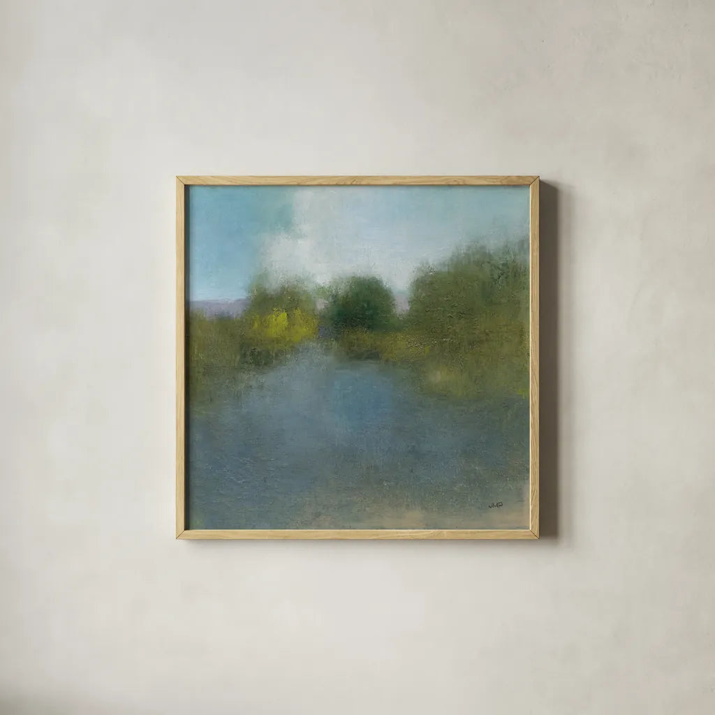 Dreamy Day by Julia Purinton. Shown in a natural wood glass frame for a timeless modern aesthetic. Available as an archival giclee rolled canvas, fine art paper, or poster print. SKU 77400a.