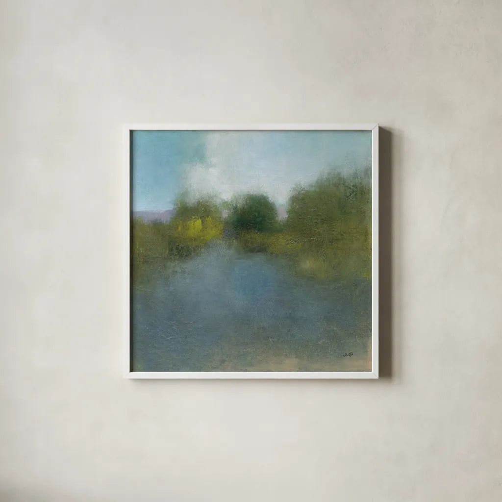 Dreamy Day by Julia Purinton. Shown in a crisp white glass frame for a clean and minimalist style. Available as an archival giclee rolled canvas, fine art paper, or poster print. SKU 77400a.