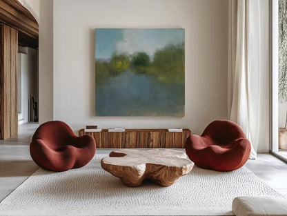 Dreamy Day by Julia Purinton. Shown as extra-large giant wall art in a modern living room. Available as an archival giclee rolled canvas, fine art paper, or poster print. SKU 77400a.