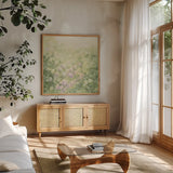 Dreamy Neutral by Julia Purinton. Shown in a natural wood frame in a cozy modern living room. Available as an archival giclee rolled canvas, fine art paper, or poster print. SKU 82346a.