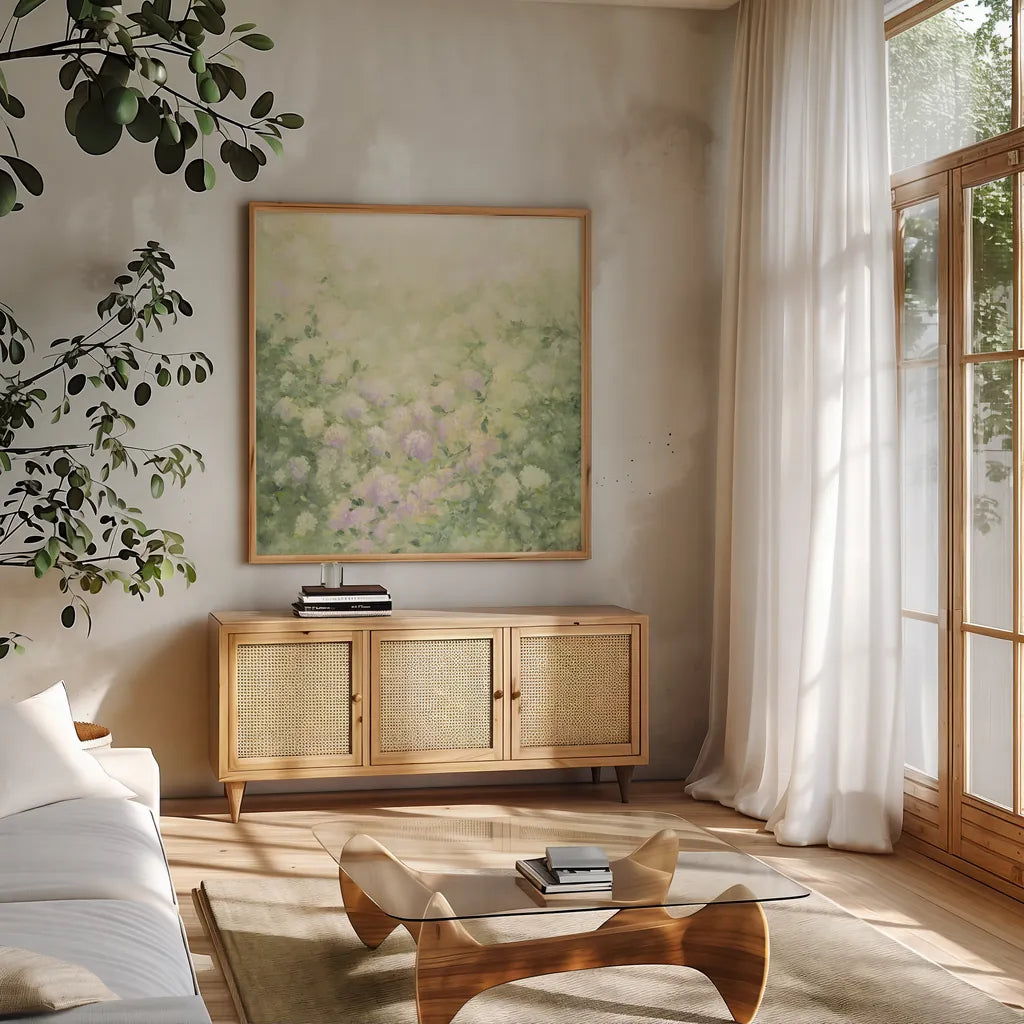 Dreamy Neutral by Julia Purinton. Shown in a natural wood frame in a cozy modern living room. Available as an archival giclee rolled canvas, fine art paper, or poster print. SKU 82346a.