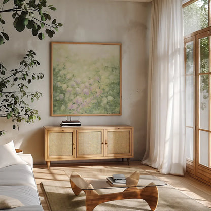 Dreamy Neutral by Julia Purinton. Shown in a natural wood frame in a cozy modern living room. Available as an archival giclee rolled canvas, fine art paper, or poster print. SKU 82346a.