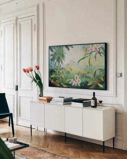 Dreamy Tropics by Julia Purinton. shown as a framed stretched canvas in a living room above a console. Available as a archival giclee rolled canvas, fine art paper, or poster print. SKU 78725i.