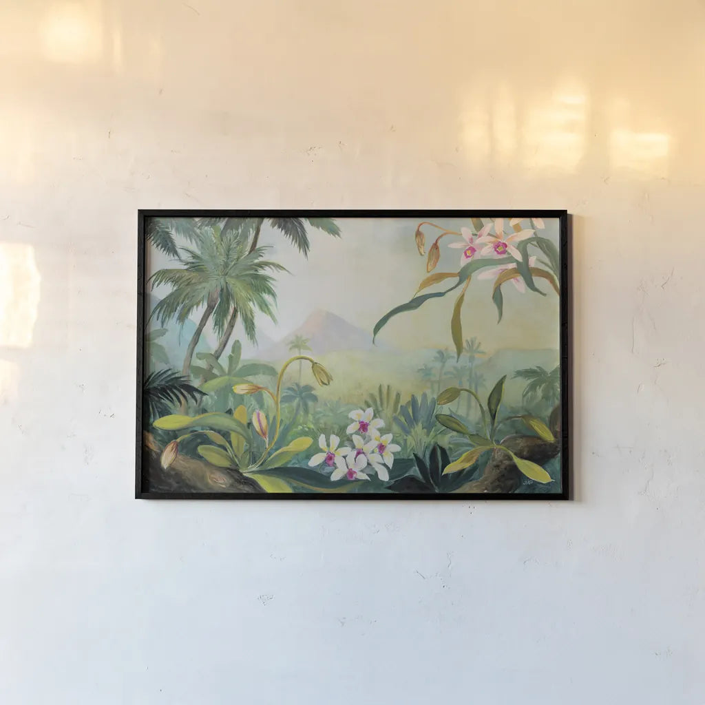 Dreamy Tropics by Julia Purinton. shown as a paper print in a black flame. Available as a archival giclee rolled canvas, fine art paper, or poster print. SKU 78725i.