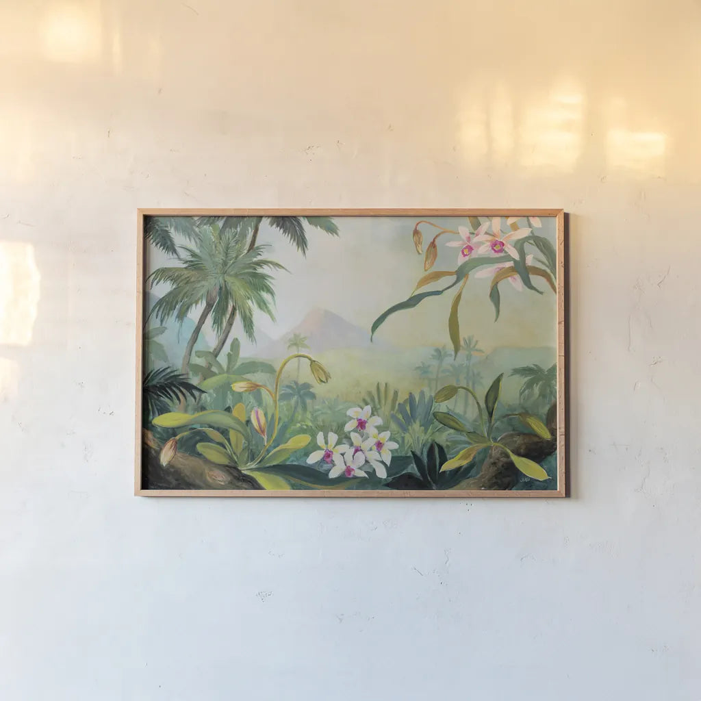 Dreamy Tropics by Julia Purinton. shown as a paper print in a natural frame. Available as a archival giclee rolled canvas, fine art paper, or poster print. SKU 78725i.
