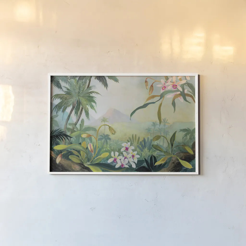 Dreamy Tropics by Julia Purinton. shown as a paper print in a white frame. Available as a archival giclee rolled canvas, fine art paper, or poster print. SKU 78725i.