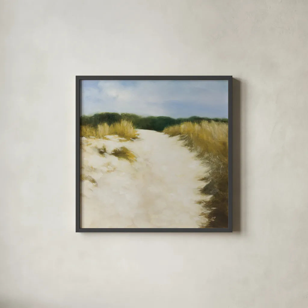 Dune Days by Julia Purinton. Shown in a sleek black glass frame for a contemporary gallery look. Available as an archival giclee rolled canvas, fine art paper, or poster print. SKU 93108a.
