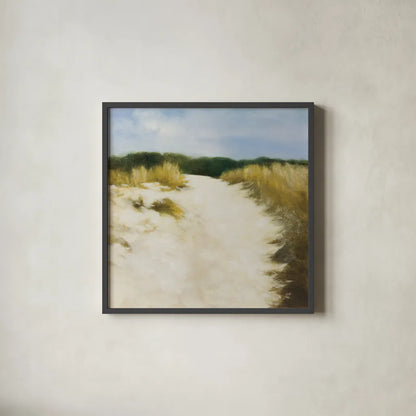 Dune Days by Julia Purinton. Shown in a sleek black glass frame for a contemporary gallery look. Available as an archival giclee rolled canvas, fine art paper, or poster print. SKU 93108a.