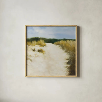 Dune Days by Julia Purinton. Shown in a natural wood glass frame for a timeless modern aesthetic. Available as an archival giclee rolled canvas, fine art paper, or poster print. SKU 93108a.