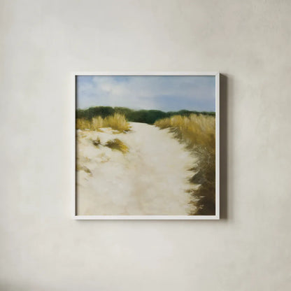 Dune Days by Julia Purinton. Shown in a crisp white glass frame for a clean and minimalist style. Available as an archival giclee rolled canvas, fine art paper, or poster print. SKU 93108a.
