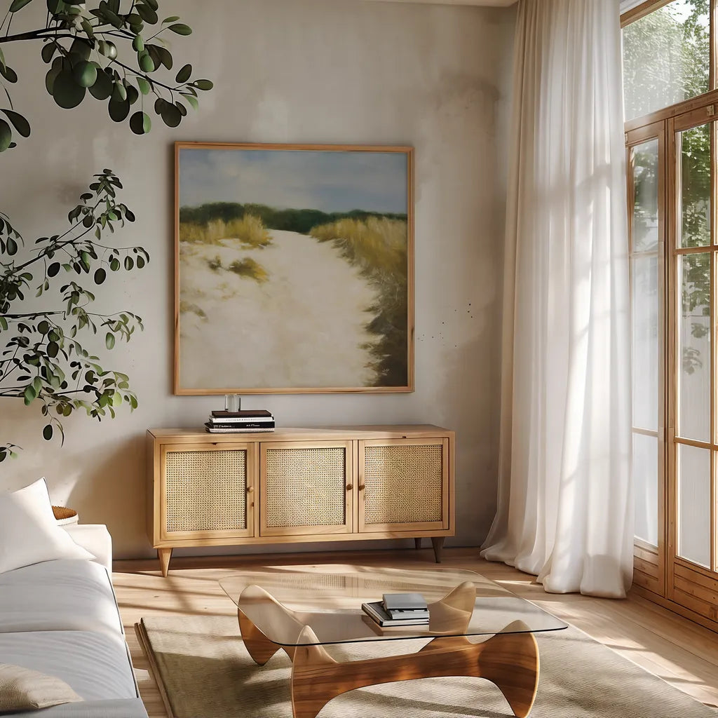 Dune Days by Julia Purinton. Shown in a natural wood frame in a cozy modern living room. Available as an archival giclee rolled canvas, fine art paper, or poster print. SKU 93108a.