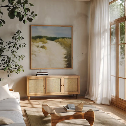 Dune Days by Julia Purinton. Shown in a natural wood frame in a cozy modern living room. Available as an archival giclee rolled canvas, fine art paper, or poster print. SKU 93108a.