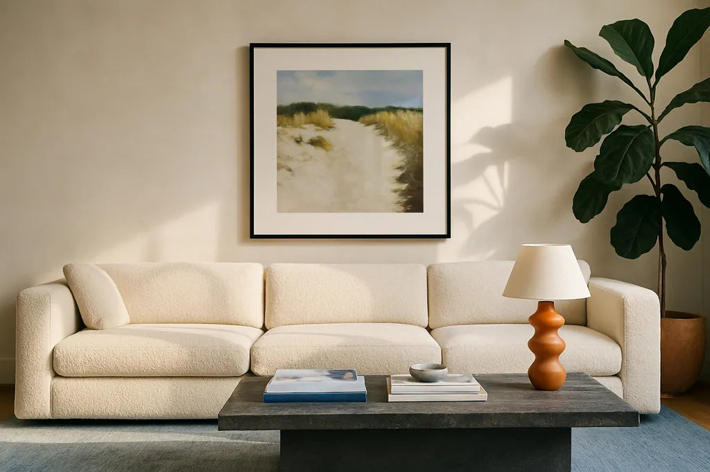 Dune Days by Julia Purinton. Displayed in a glass frame with matte in a clean modern living room. Available as an archival giclee rolled canvas, fine art paper, or poster print. SKU 93108a.
