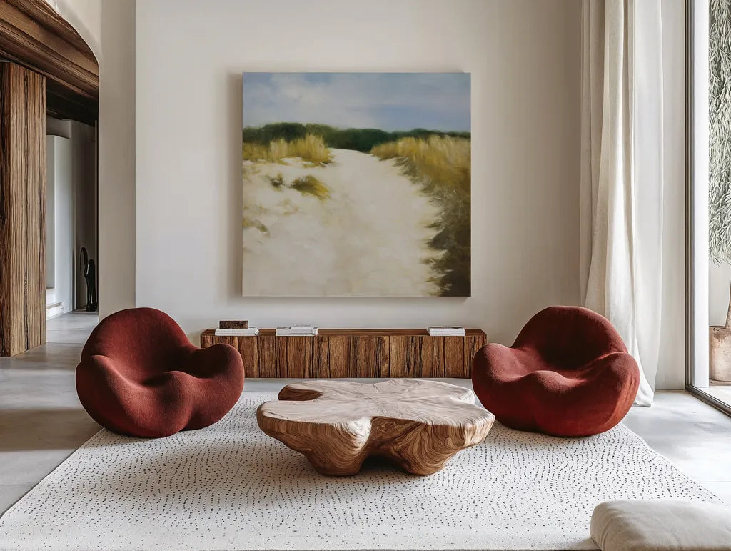 Dune Days by Julia Purinton. Shown as extra-large giant wall art in a modern living room. Available as an archival giclee rolled canvas, fine art paper, or poster print. SKU 93108a.