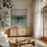 Dusk by Julia Purinton. Shown in a natural wood frame in a cozy modern living room. Available as an archival giclee rolled canvas, fine art paper, or poster print. SKU 87677a.