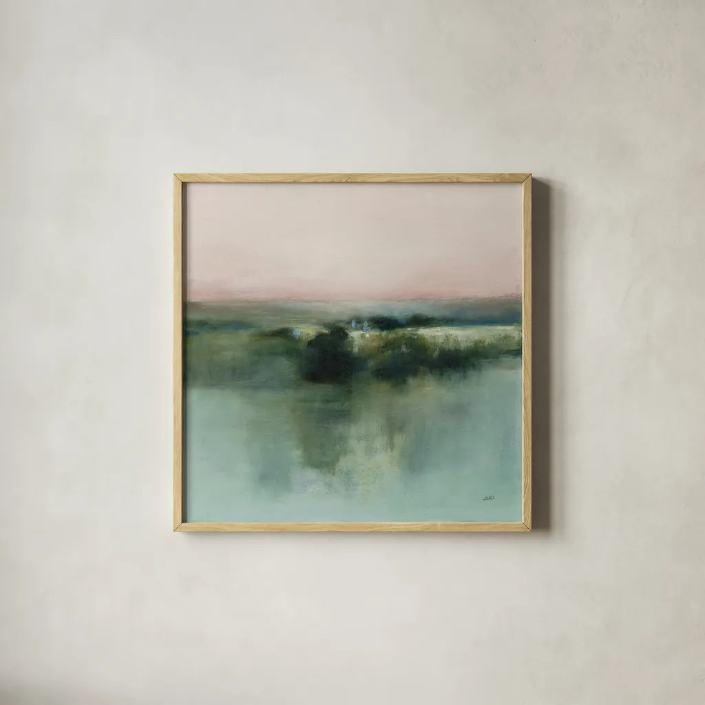 Dusk Blush by Julia Purinton. Shown in a natural wood glass frame for a timeless modern aesthetic. Available as an archival giclee rolled canvas, fine art paper, or poster print. SKU 88236a.