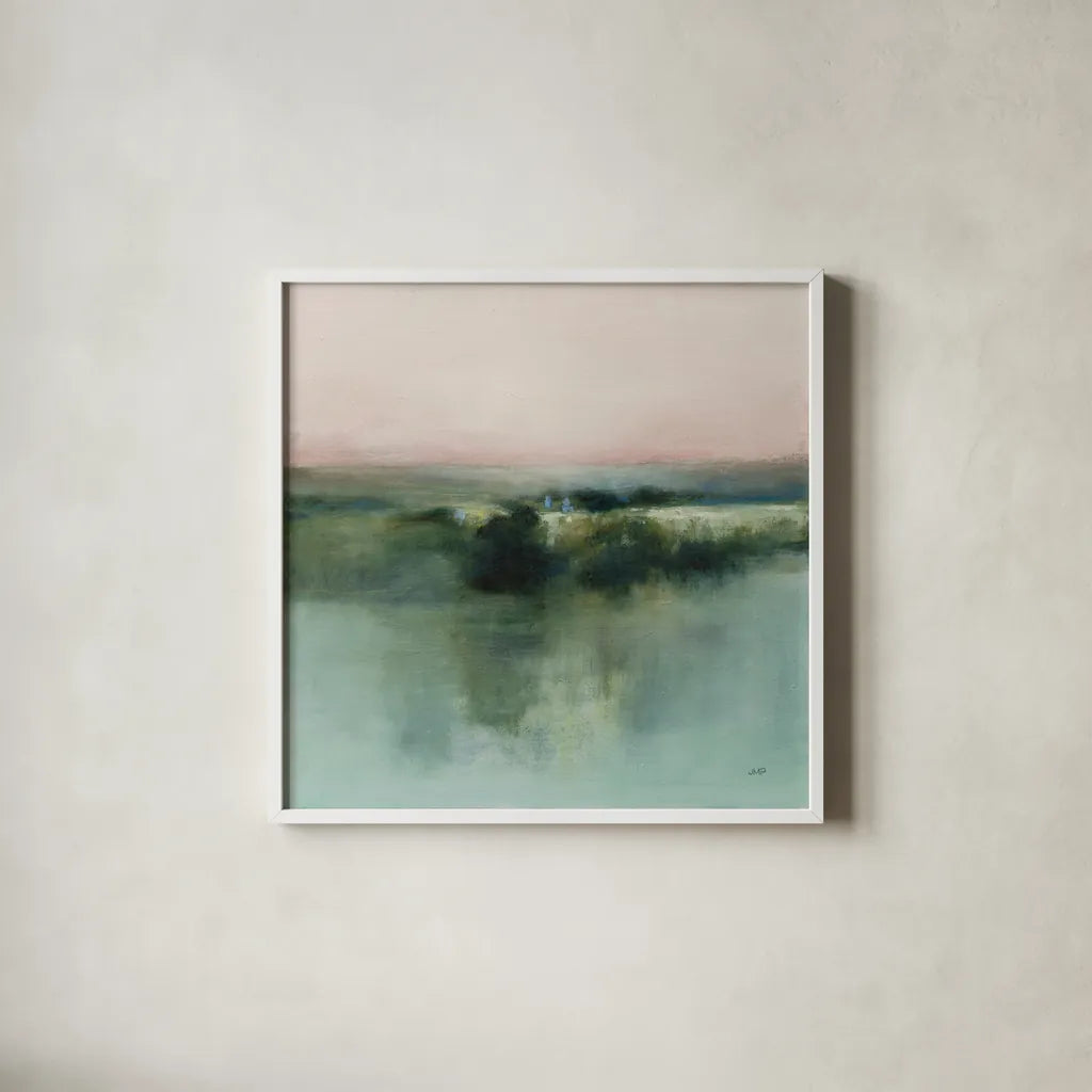 Dusk Blush by Julia Purinton. Shown in a crisp white glass frame for a clean and minimalist style. Available as an archival giclee rolled canvas, fine art paper, or poster print. SKU 88236a.