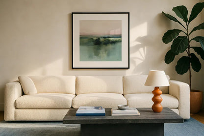 Dusk Blush by Julia Purinton. Displayed in a glass frame with matte in a clean modern living room. Available as an archival giclee rolled canvas, fine art paper, or poster print. SKU 88236a.