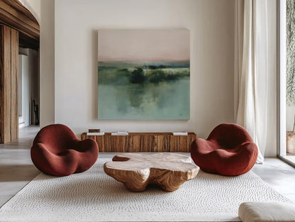 Dusk Blush by Julia Purinton. Shown as extra-large giant wall art in a modern living room. Available as an archival giclee rolled canvas, fine art paper, or poster print. SKU 88236a.