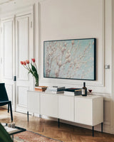 Early Spring Crop by Julia Purinton. shown as a framed stretched canvas in a living room above a console. Available as a archival giclee rolled canvas, fine art paper, or poster print. SKU 40809i.