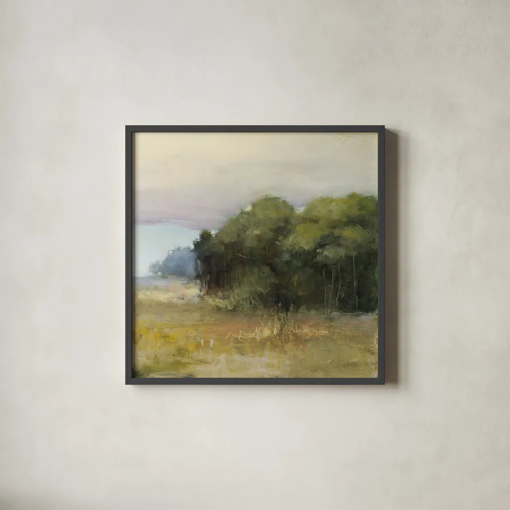 Edge of the Forest by Julia Purinton. Shown in a sleek black glass frame for a contemporary gallery look. Available as an archival giclee rolled canvas, fine art paper, or poster print. SKU 91092a.