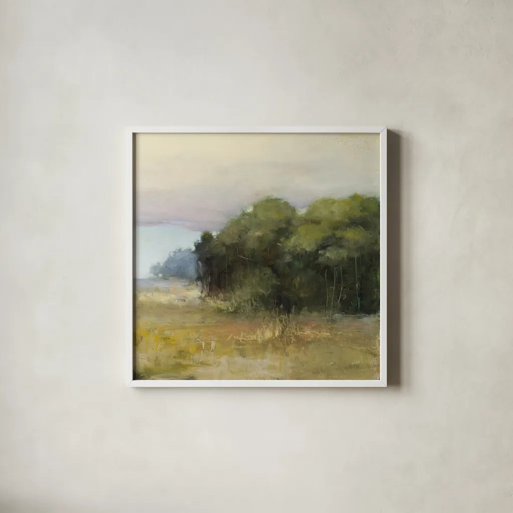 Edge of the Forest by Julia Purinton. Shown in a crisp white glass frame for a clean and minimalist style. Available as an archival giclee rolled canvas, fine art paper, or poster print. SKU 91092a.